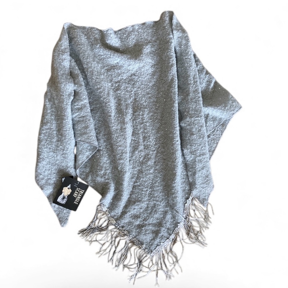 David & Young Triangle Scarf Gray with Silver sequins and fringe. NWT